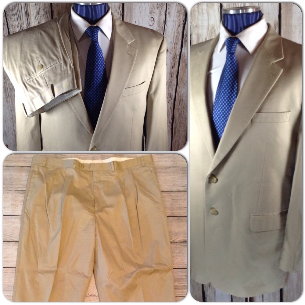 Chaps 2 Piece Suit Mens 46L Solid Khaki Tan Cotton